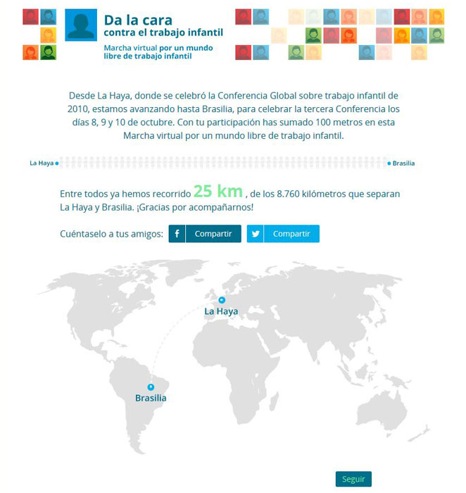 登録完了画面。ハーグからブラジリアまでの距離やシェア用のリンクボタンが表示されます